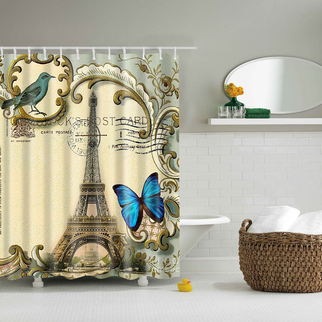 Paris Eiffel Tower Postcard Butterfly Shower Curtain