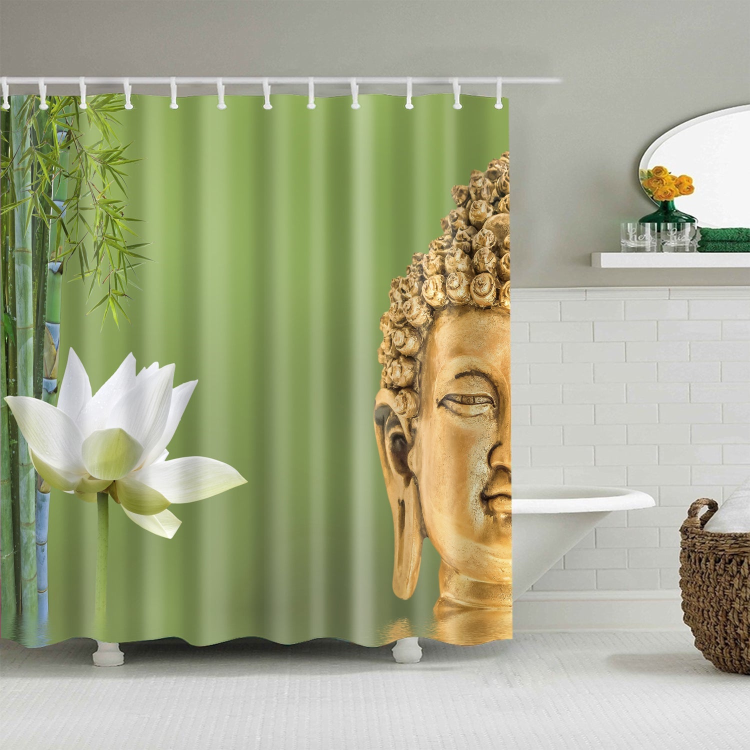Bamboo Sacred Lotus with Buddha Statue Shower Curtain