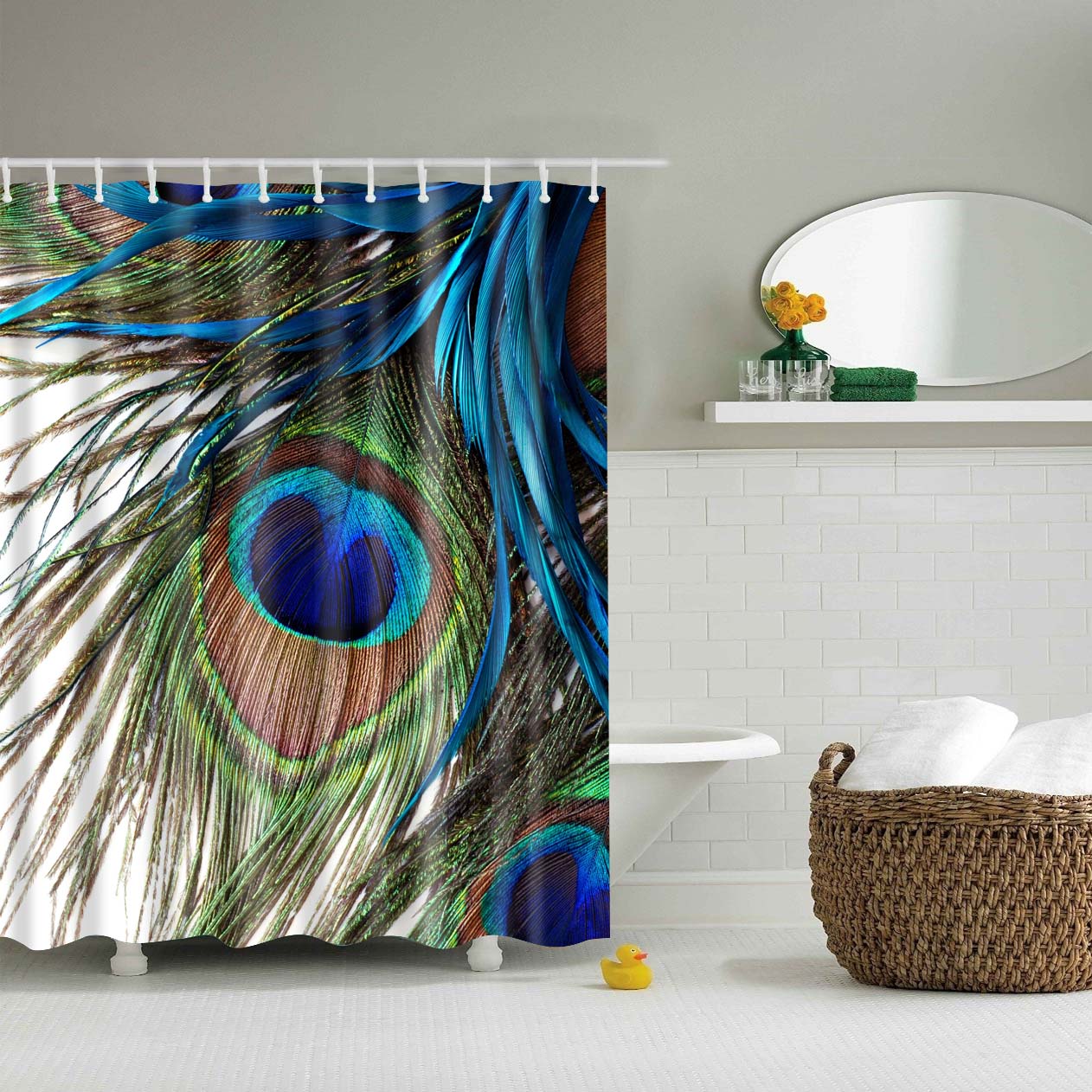 Blue Green Peacock Feather Shower Curtain Set - 4 Pcs