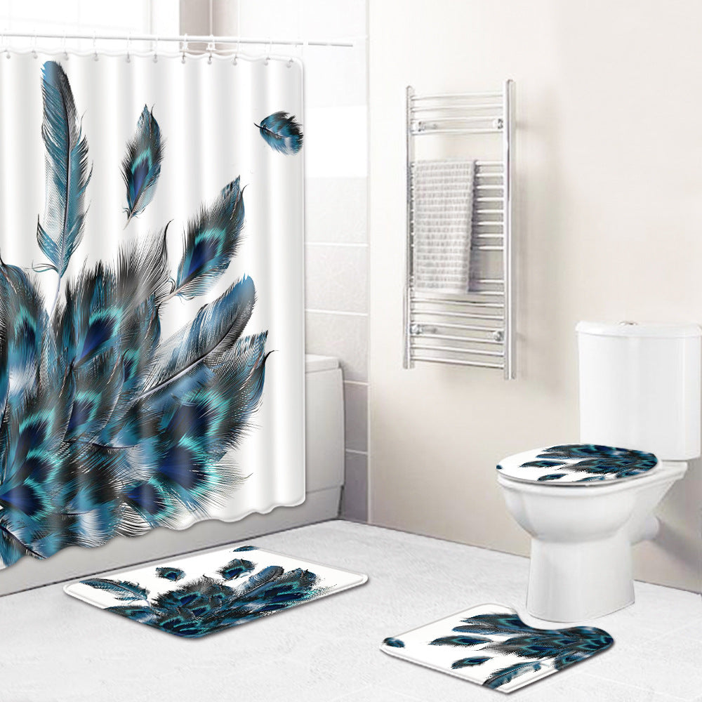 Drift Away Iridescent Blue Peacock Feather Shower Curtain Set - 4 Pcs