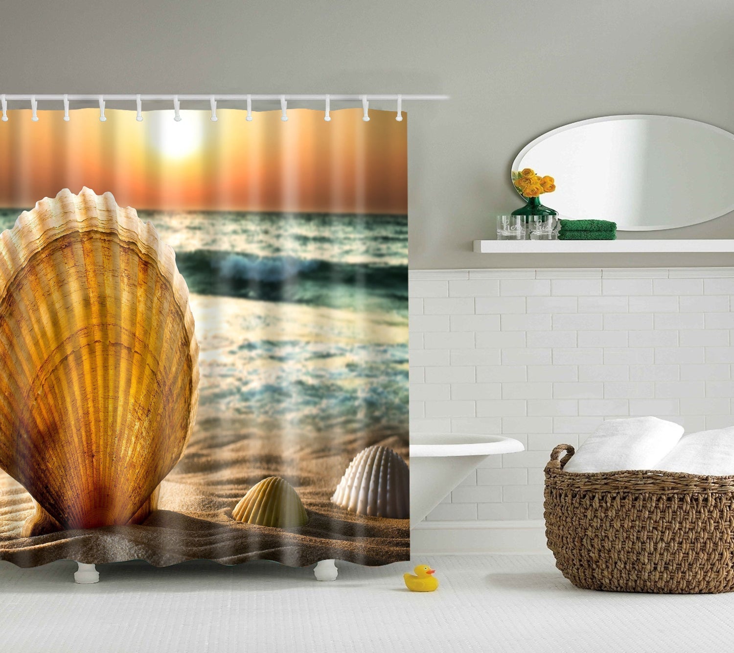 Sunset Big Seashell at Beach Shower Curtain Set - 4 Pcs