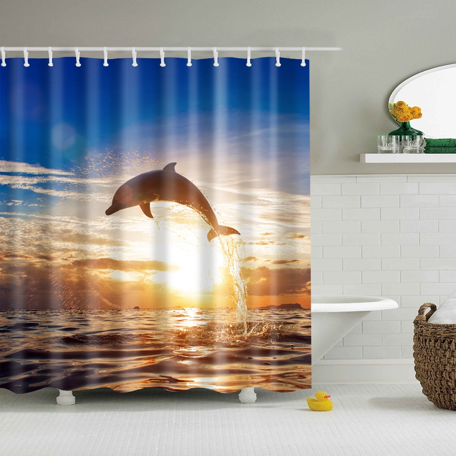 Sunshine Ocean Surface Jumping Dolphin Shower Curtain