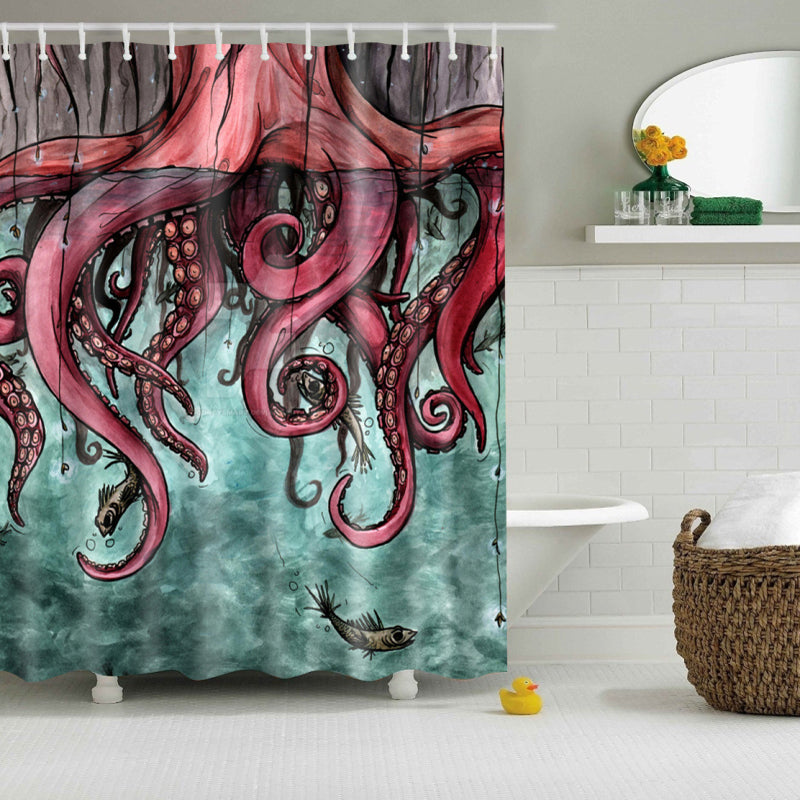 Stunning Red Octopus Tentacle Shower Curtain Set - 4 Pcs