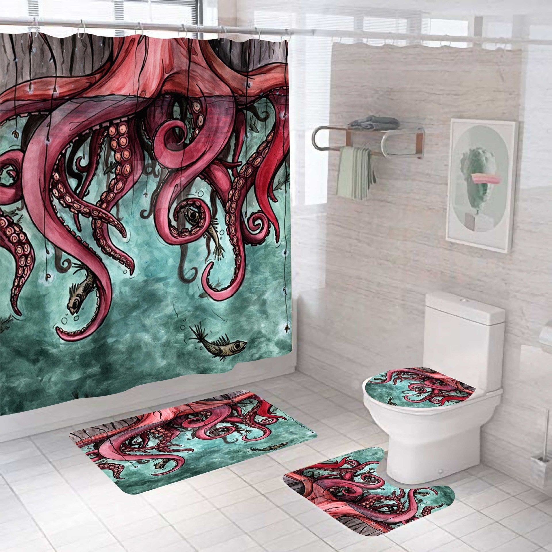 Stunning Red Octopus Tentacle Shower Curtain Set - 4 Pcs