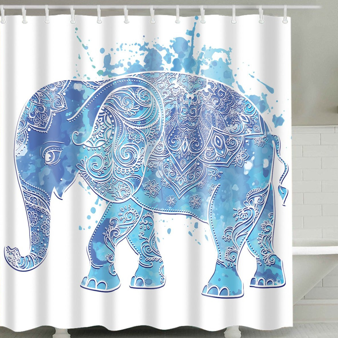 Blue Watercolor Elephant Shower Curtain Indian Painting Bohemian Animal Bathroom Decor