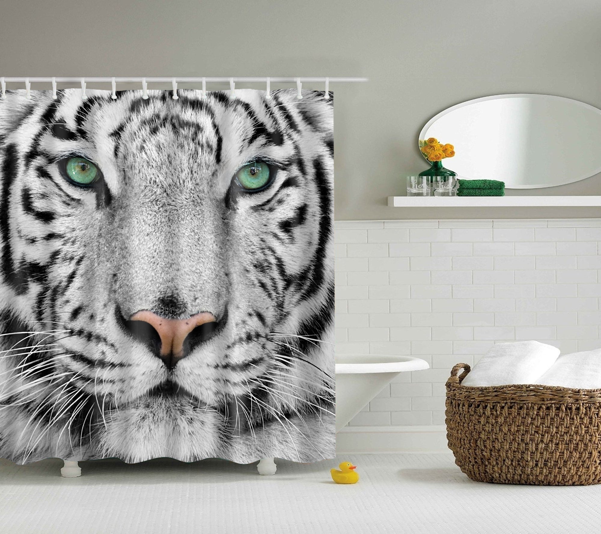 White Tiger Animal Face Shower Curtain Set - 4 Pcs
