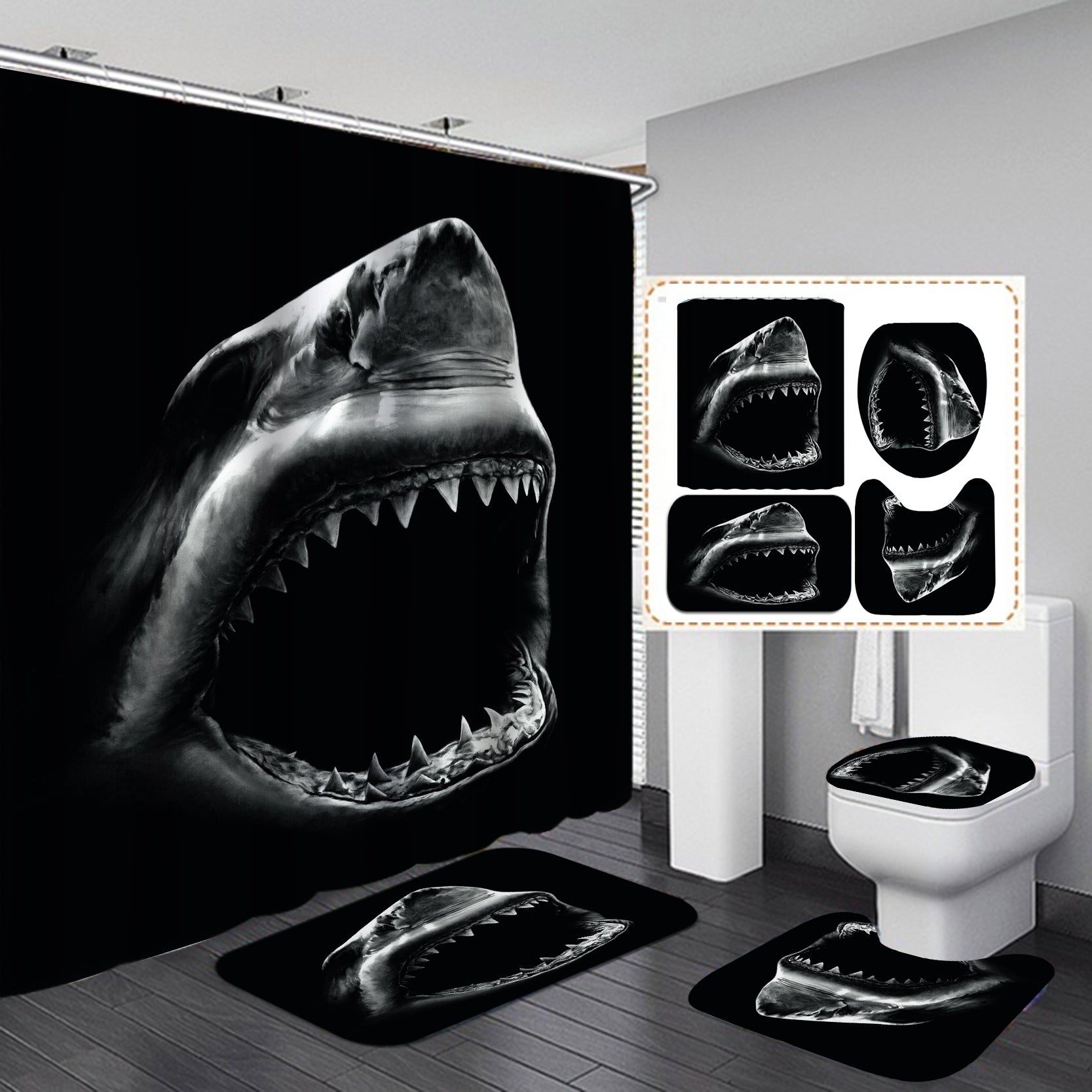 Black and Grey Shark Shower Curtain Set - 4 Pcs