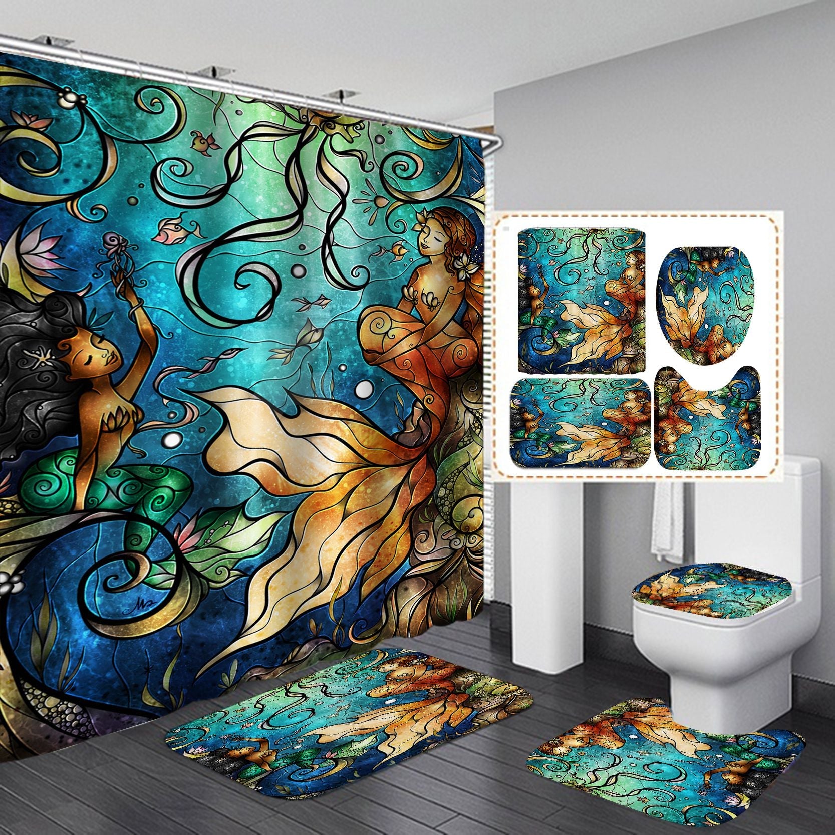 Blue Undersea Cartoon Mermaid Shower Curtain Set - 4 Pcs