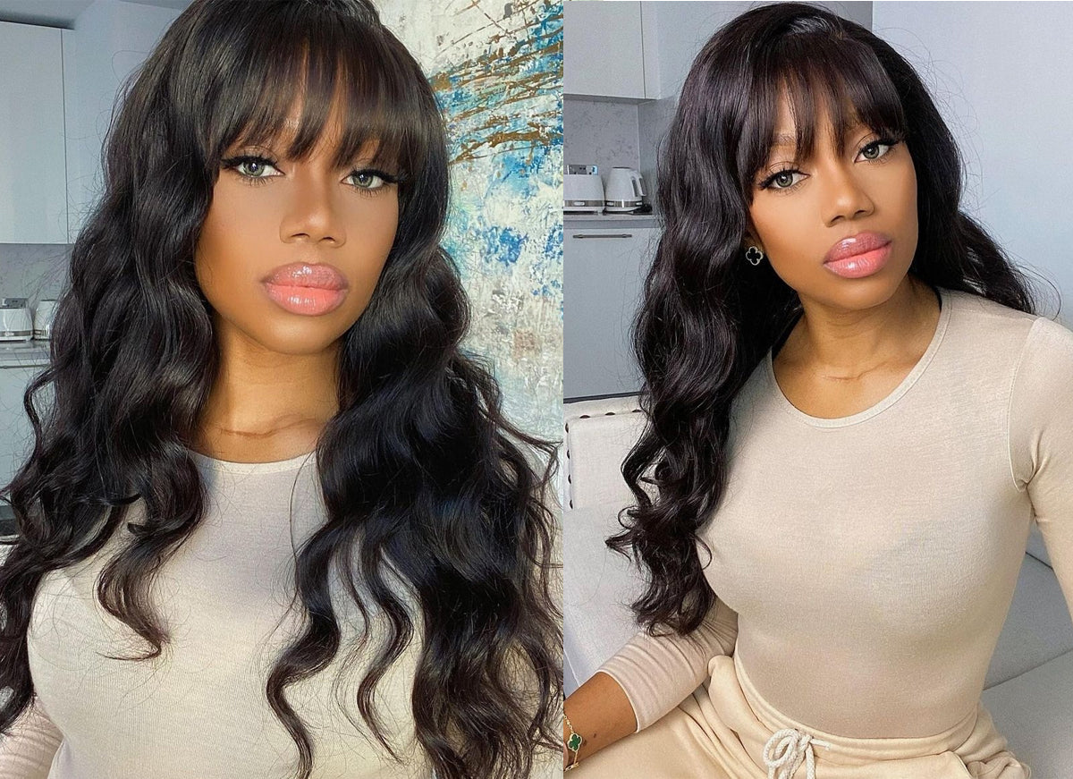Body Wave Lace Wigs with Bangs Glueless Wig, Machine Made Human Hair Wigs