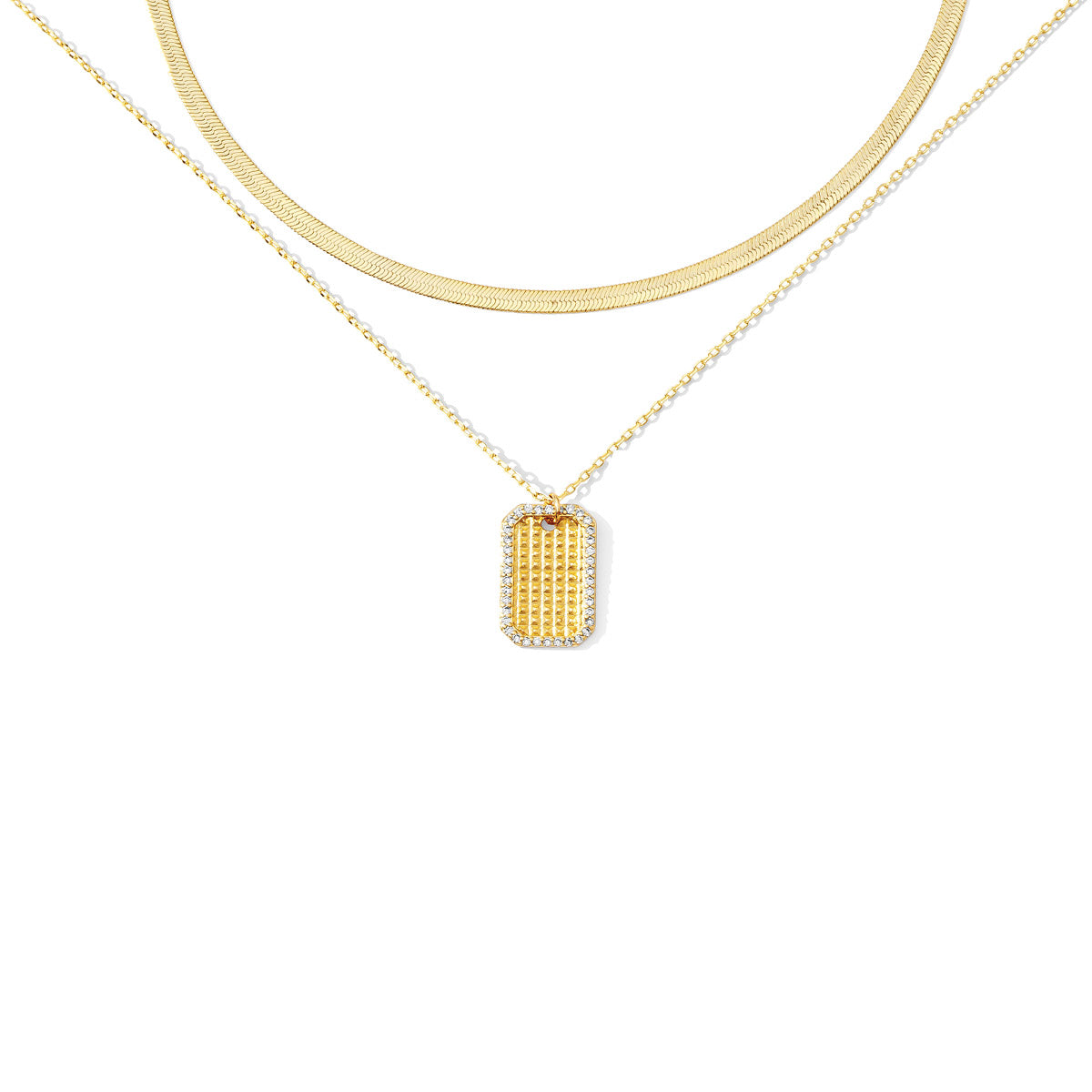 Layered Necklace With Textured Pave Pendant