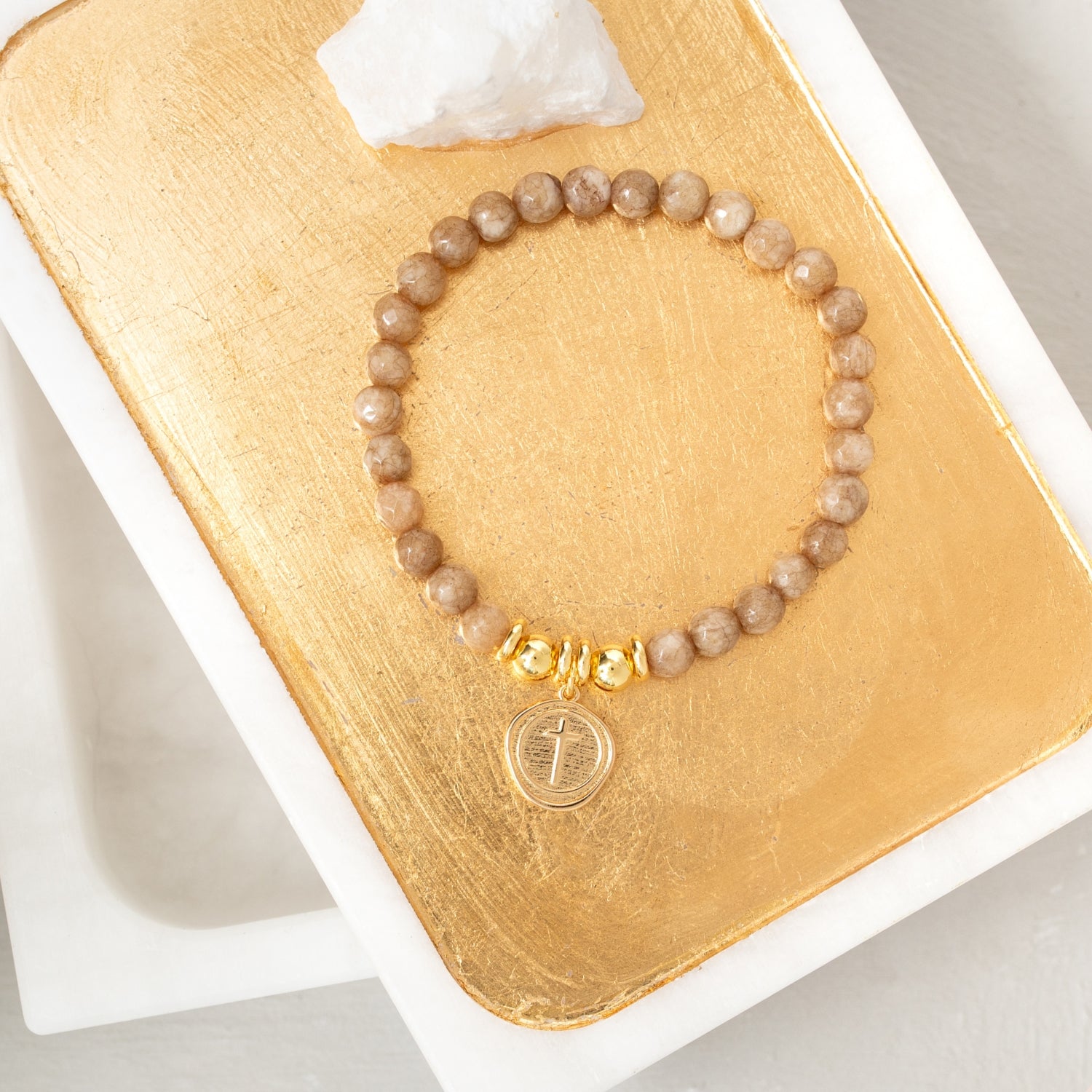 Stretch Stone Bracelet With Round Cross Charm