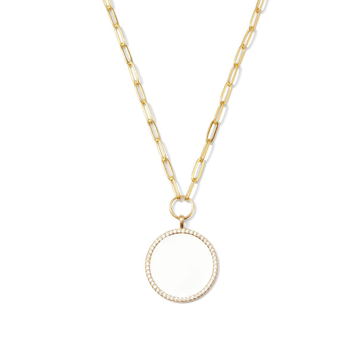 White Circle Pave Pendant Paperclip Chain Necklace