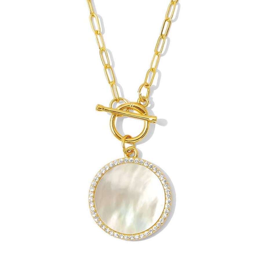 Mother of Pearl Pave Circle Toggle Necklace