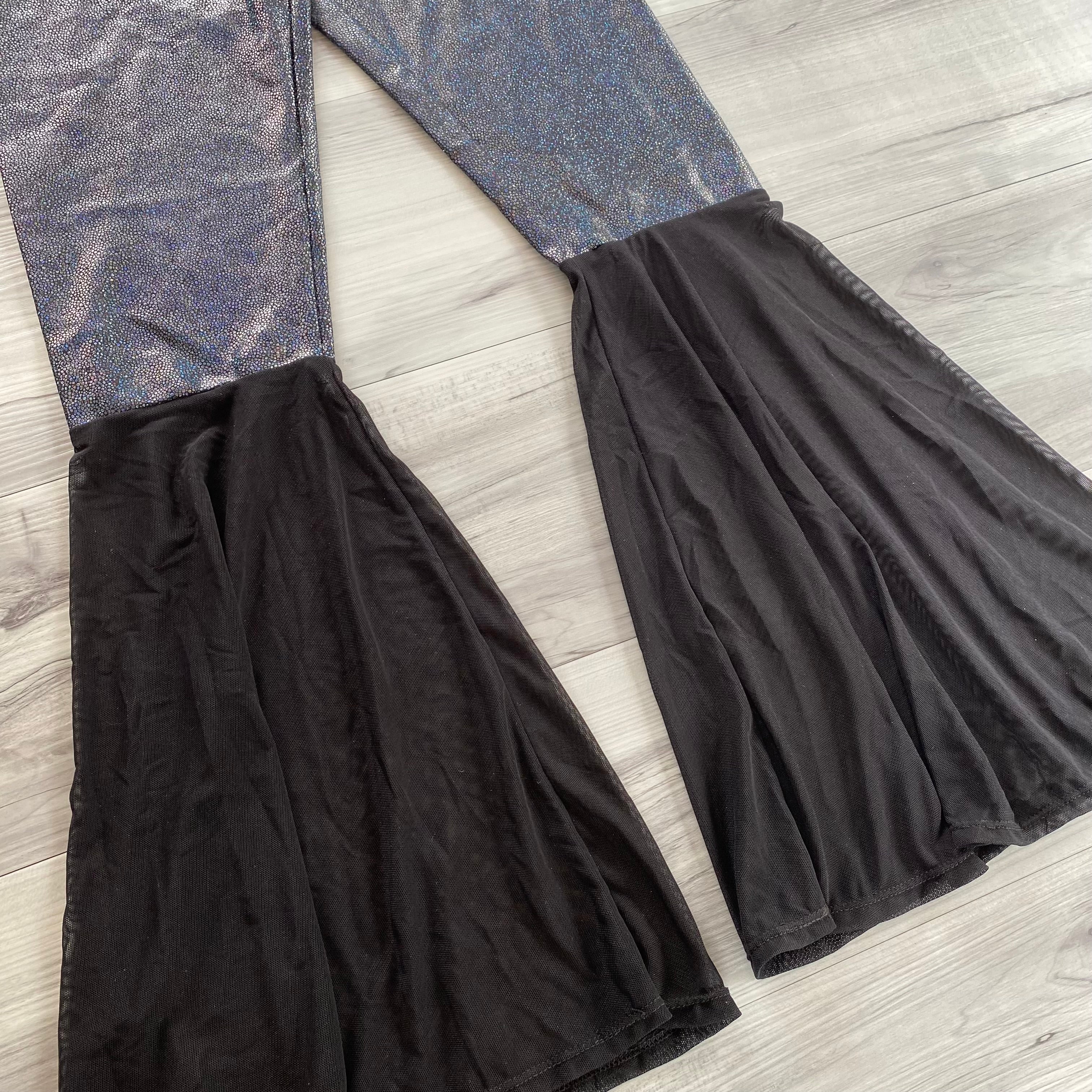 SALE - SMALL High Waist Bell Bottoms - Black Holographic & Black Mesh