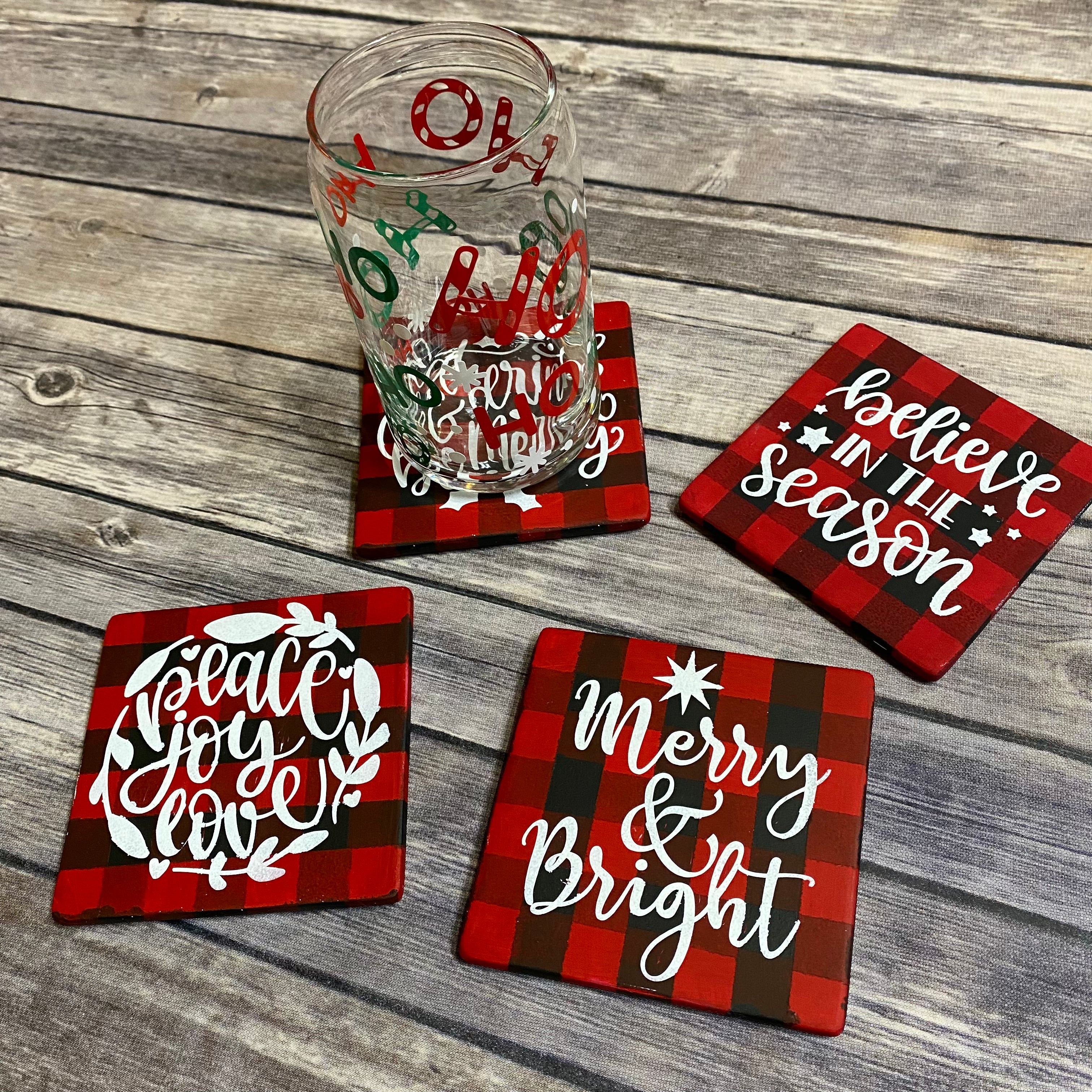 Buffalo Plaid Holiday Drink Coasters - Set of 4