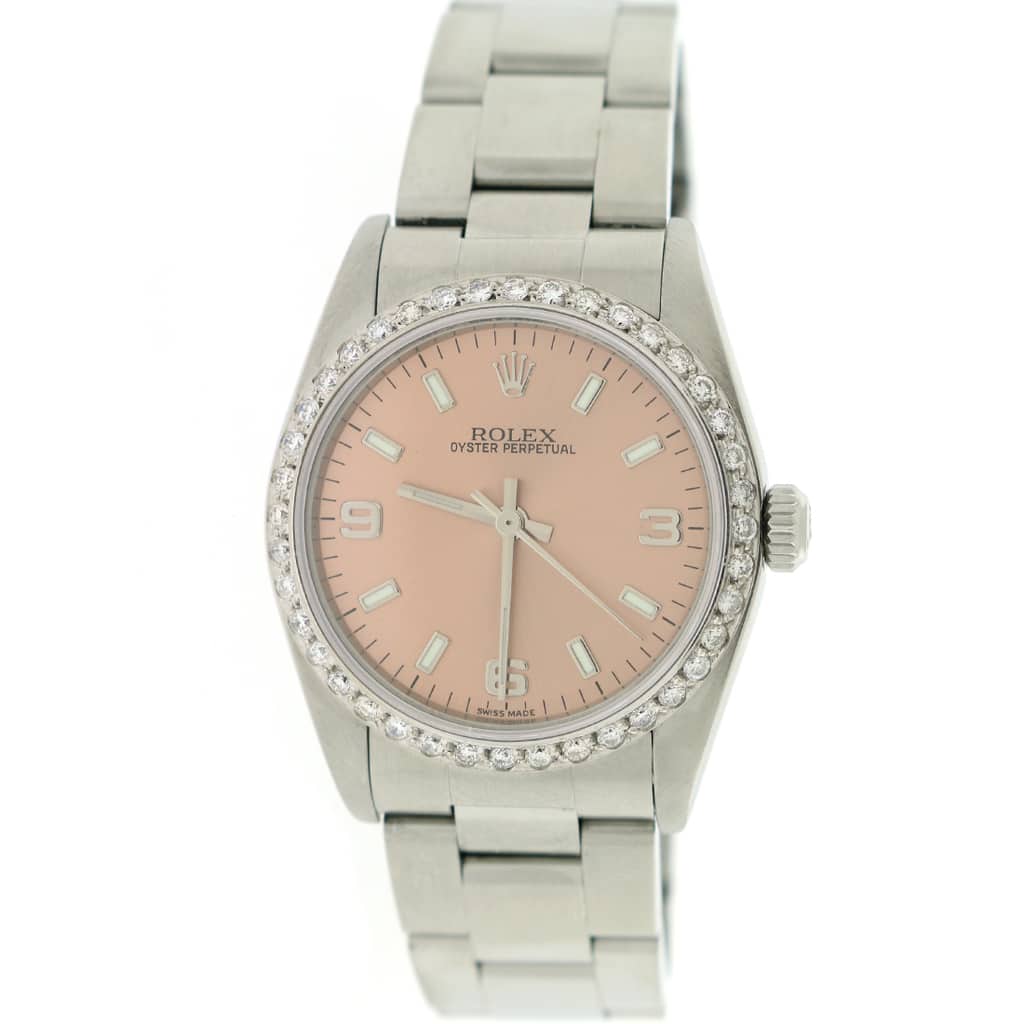 Rolex Oyster Perpetual Original Salmon Stick Dial 31mm Automatic Stainless Steel Watch w/Diamond Bezel 77080