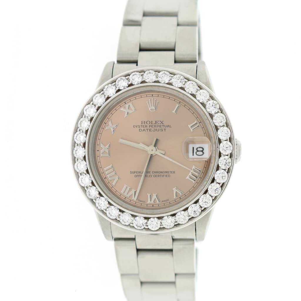 Rolex Datejust Midsize 31mm Original Salmon Roman Dial Automatic Steel Oyster Watch 68240 w/2.25Ct Diamond Bezel