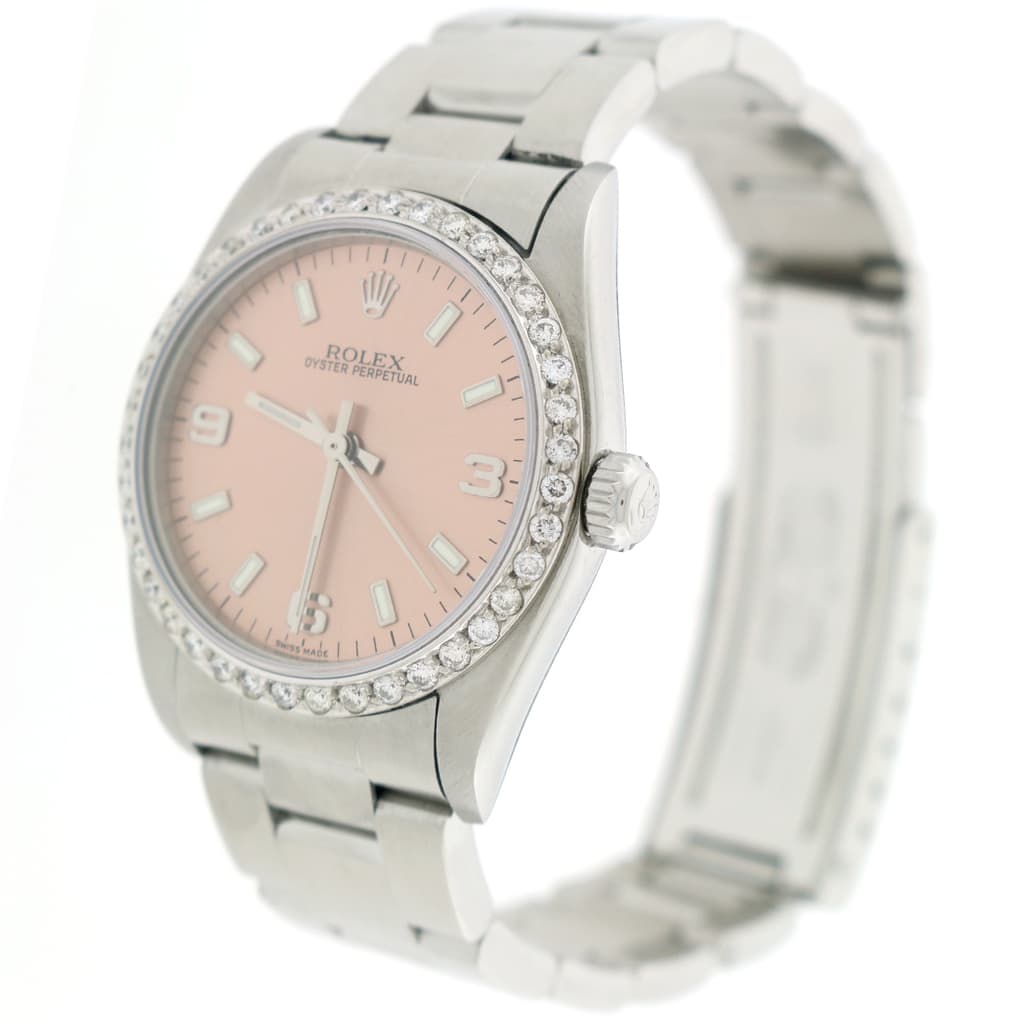 Rolex Oyster Perpetual Original Salmon Stick Dial 31mm Automatic Stainless Steel Watch w/Diamond Bezel 77080