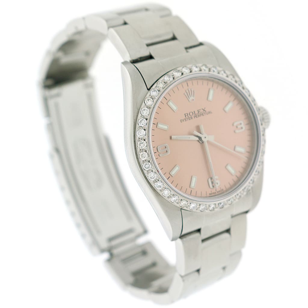 Rolex Oyster Perpetual Original Salmon Stick Dial 31mm Automatic Stainless Steel Watch w/Diamond Bezel 77080