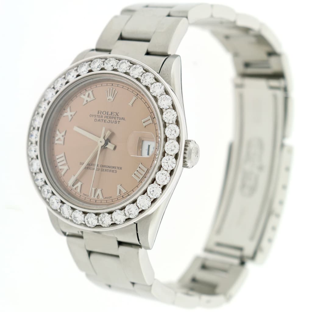 Rolex Datejust Midsize 31mm Original Salmon Roman Dial Automatic Steel Oyster Watch 68240 w/2.25Ct Diamond Bezel
