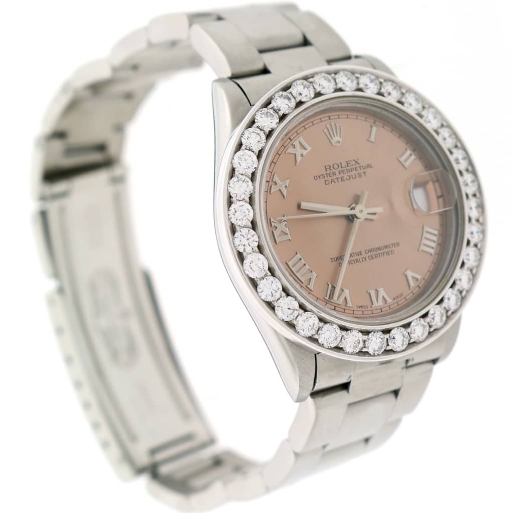 Rolex Datejust Midsize 31mm Original Salmon Roman Dial Automatic Steel Oyster Watch 68240 w/2.25Ct Diamond Bezel