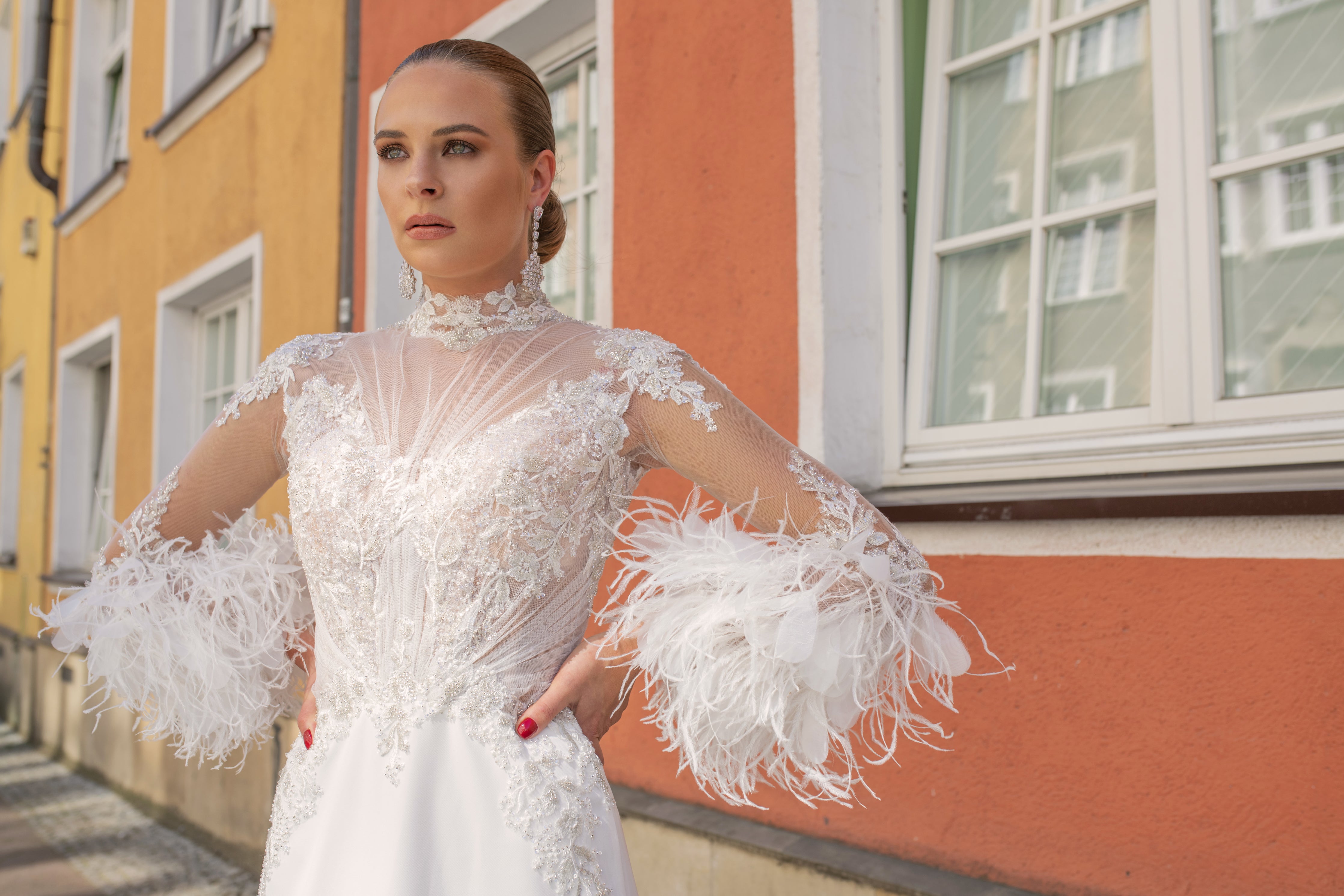 Marion - High Neck Feathered Sleeves Illusion Wedding Dress