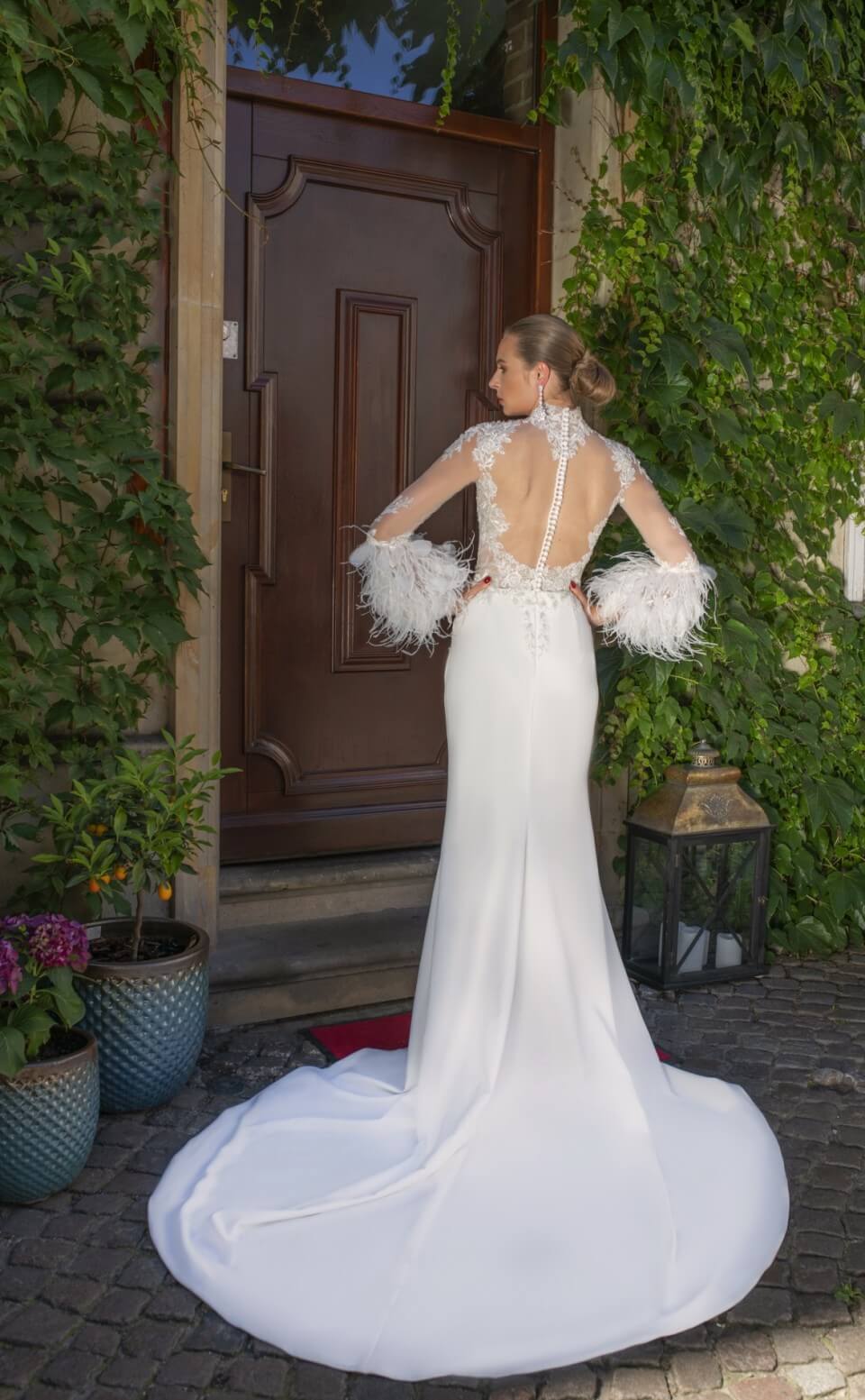 Marion - High Neck Feathered Sleeves Illusion Wedding Dress