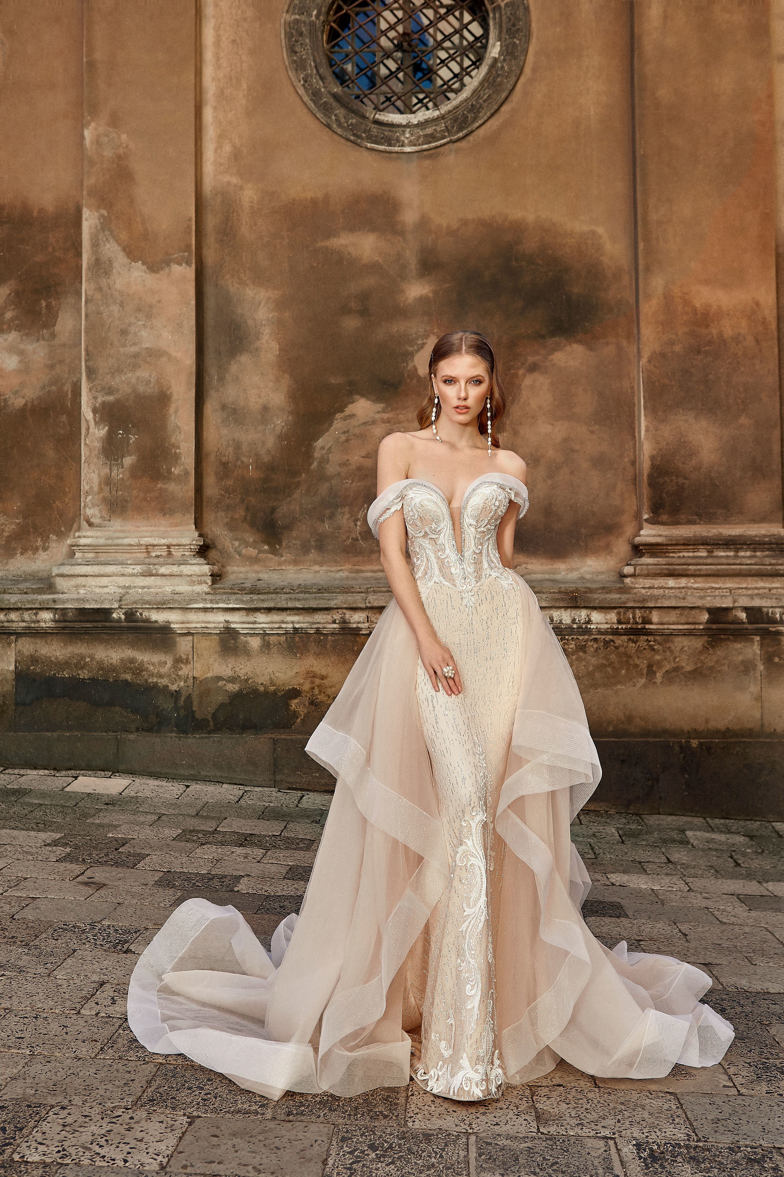 Brigitte - Off the Shoulder Sheath Wedding Dress with Detachable Train