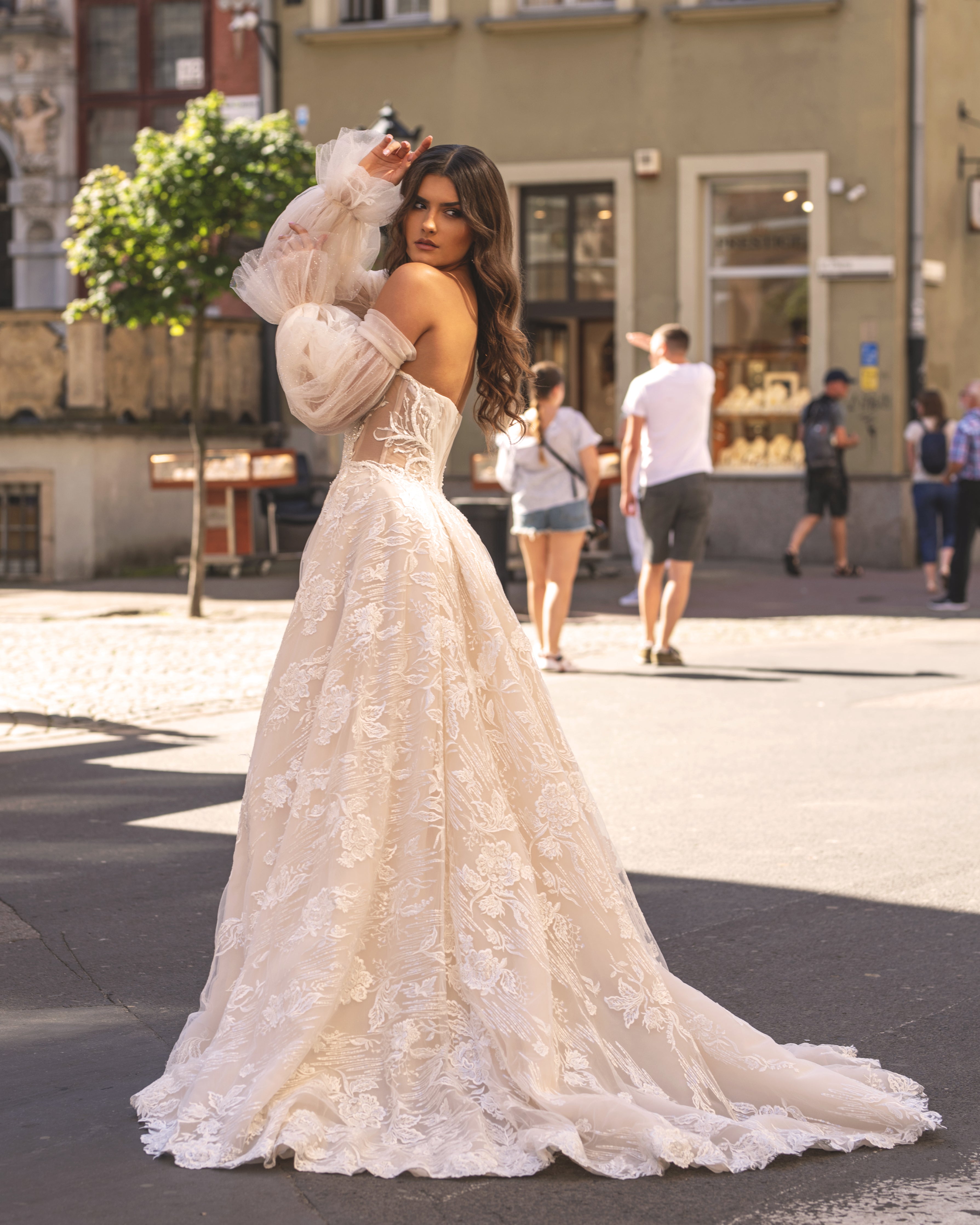 Michelle - Bohemian Nude Wedding Dress with Floral Applique