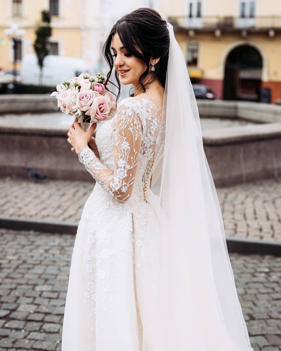 Angeli - Long Sleeve Floral Lace Wedding Dress with Overskirt