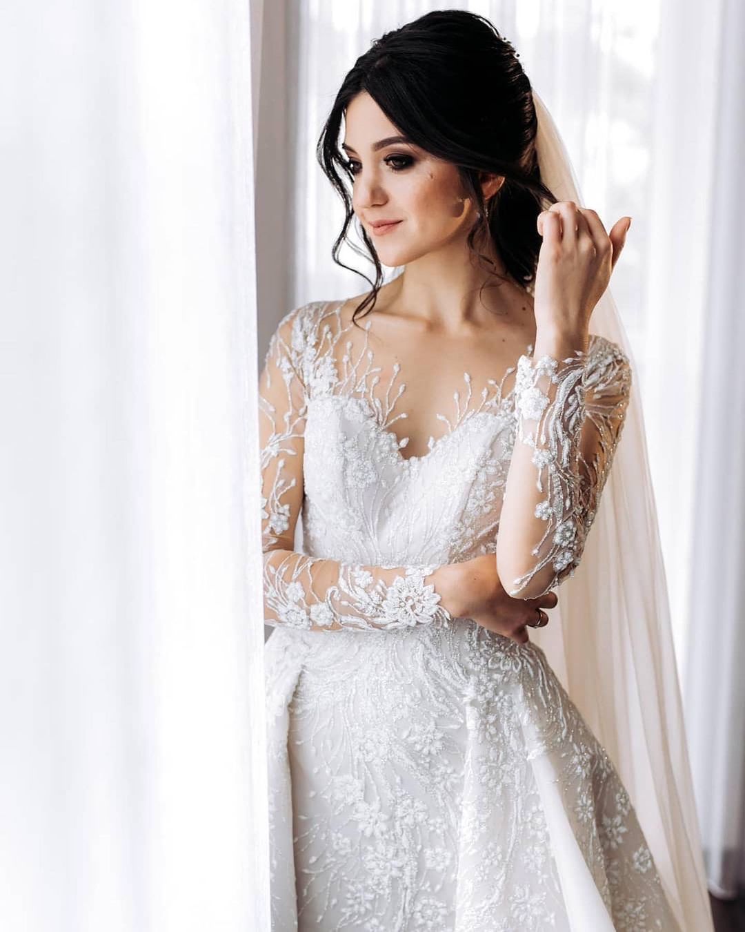 Angeli - Long Sleeve Floral Lace Wedding Dress with Overskirt
