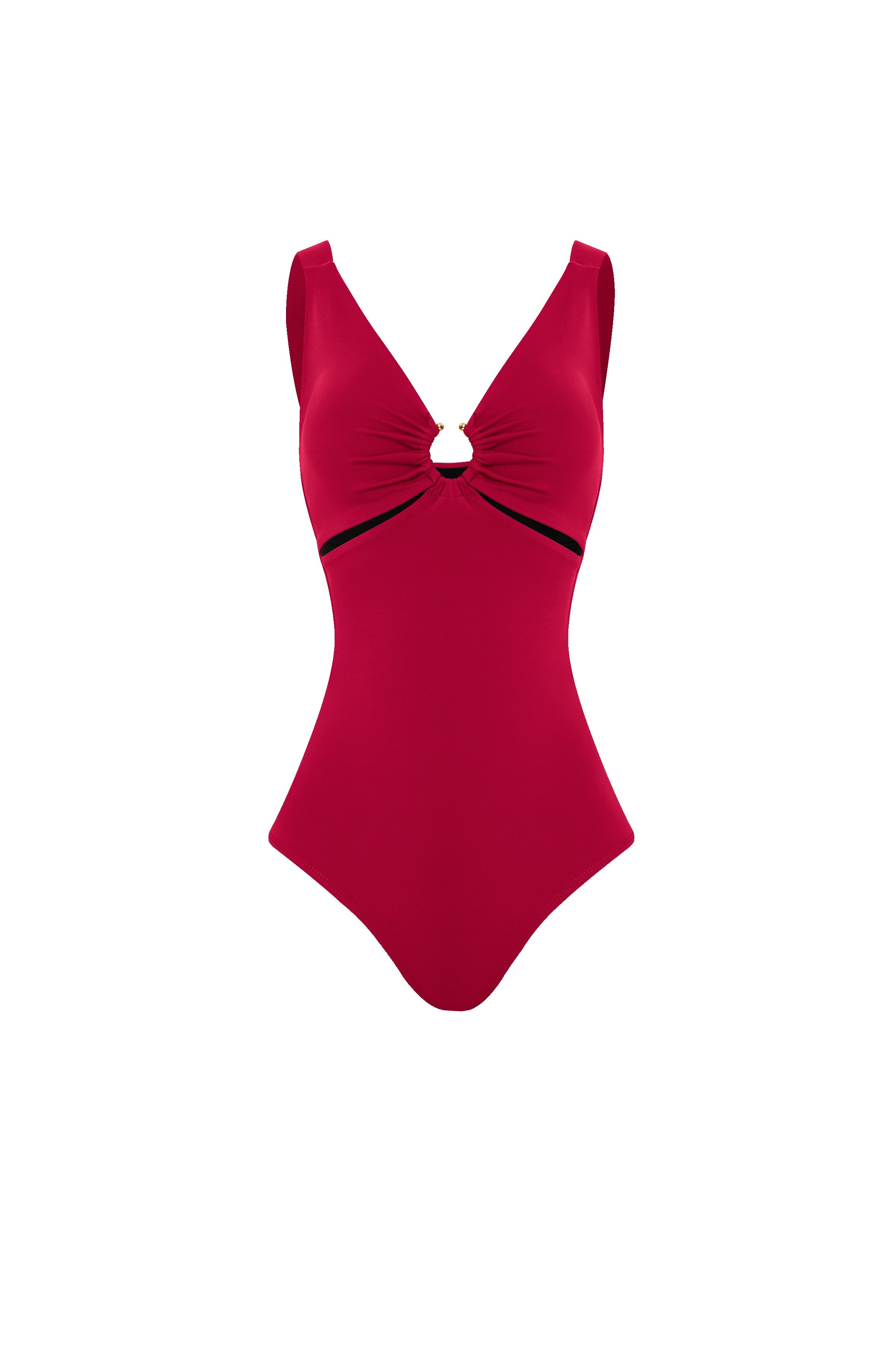 One-piece swimsuit with ironwork on neckline.