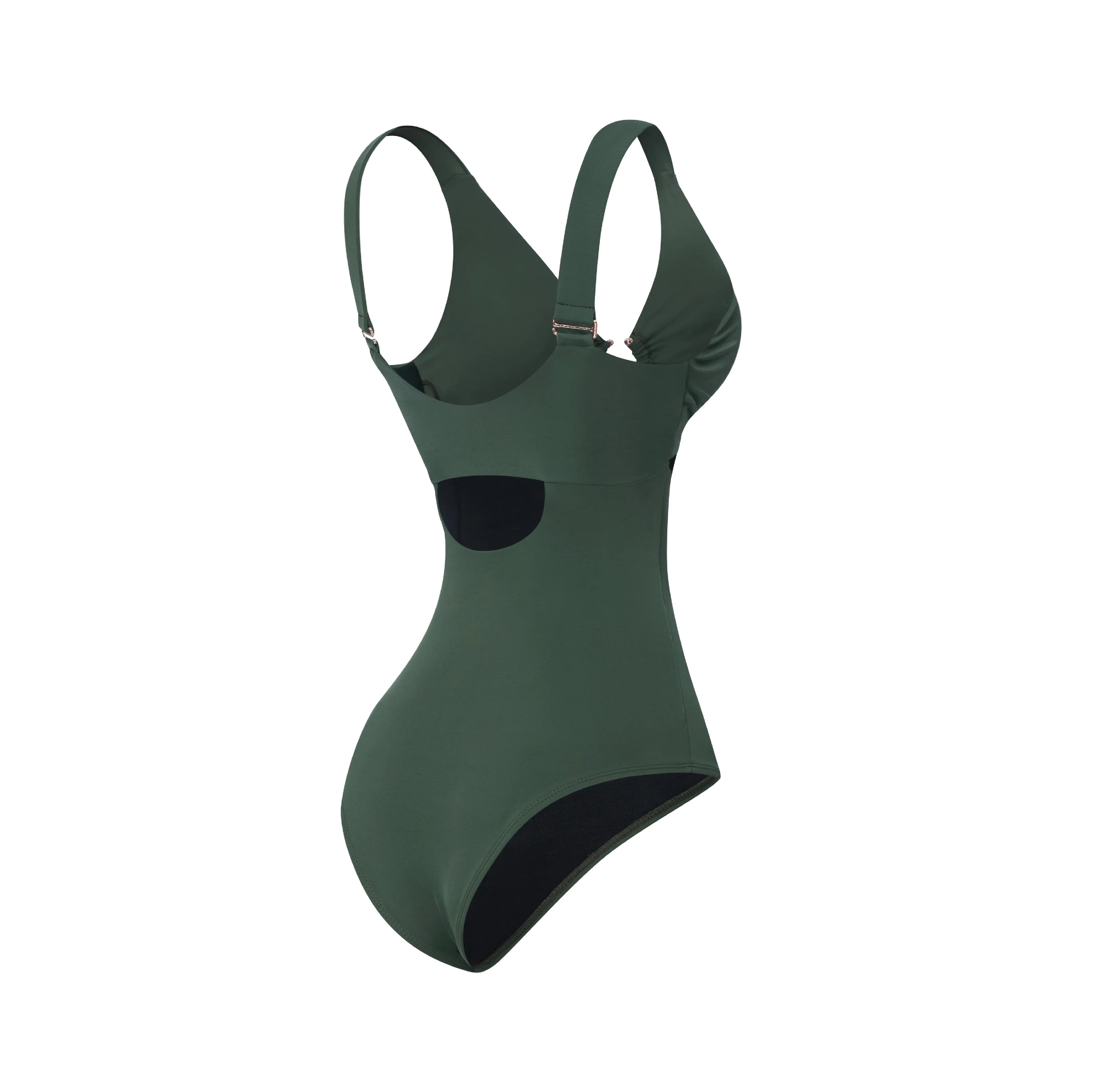 One-piece swimsuit with ironwork on neckline.