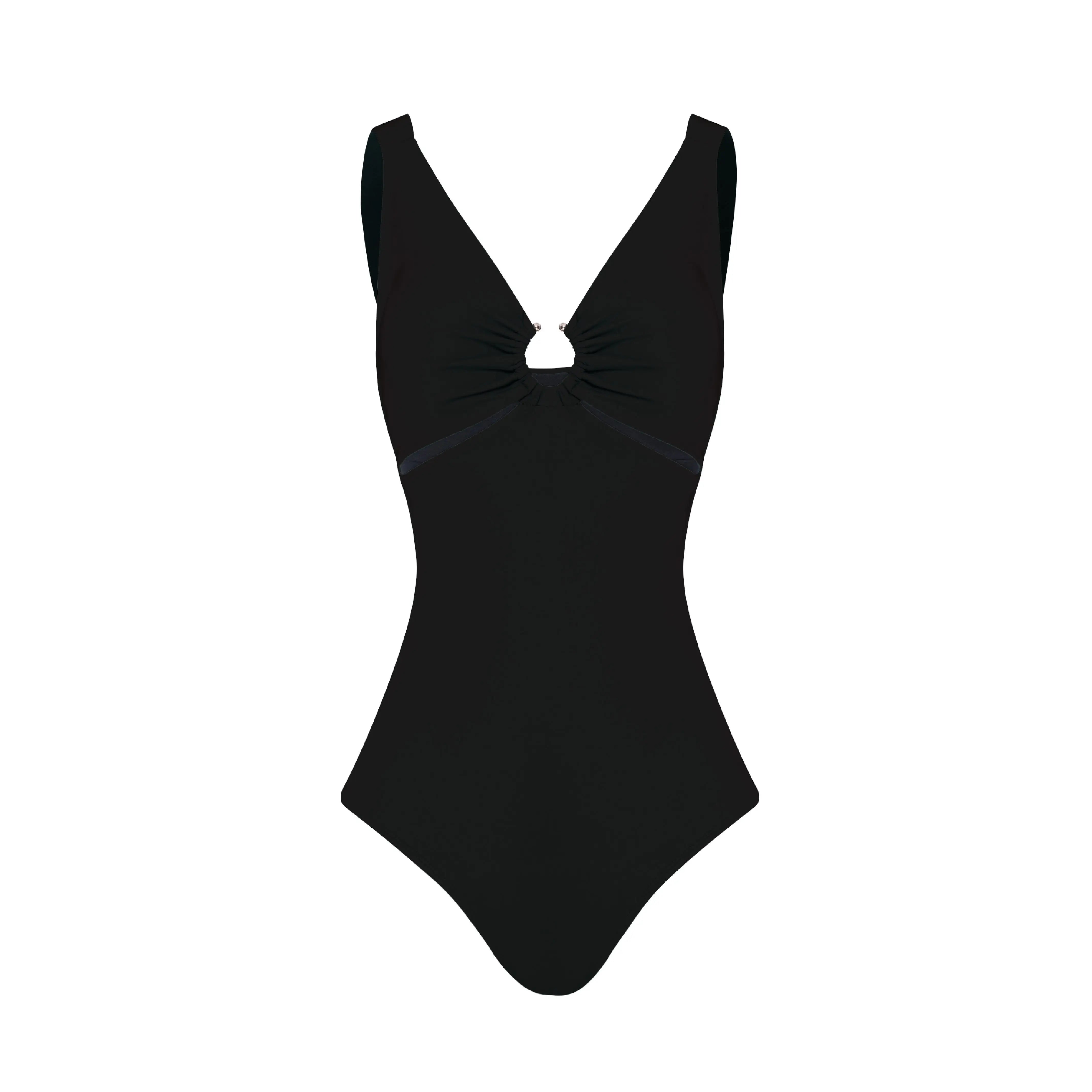 One-piece swimsuit with ironwork on neckline.