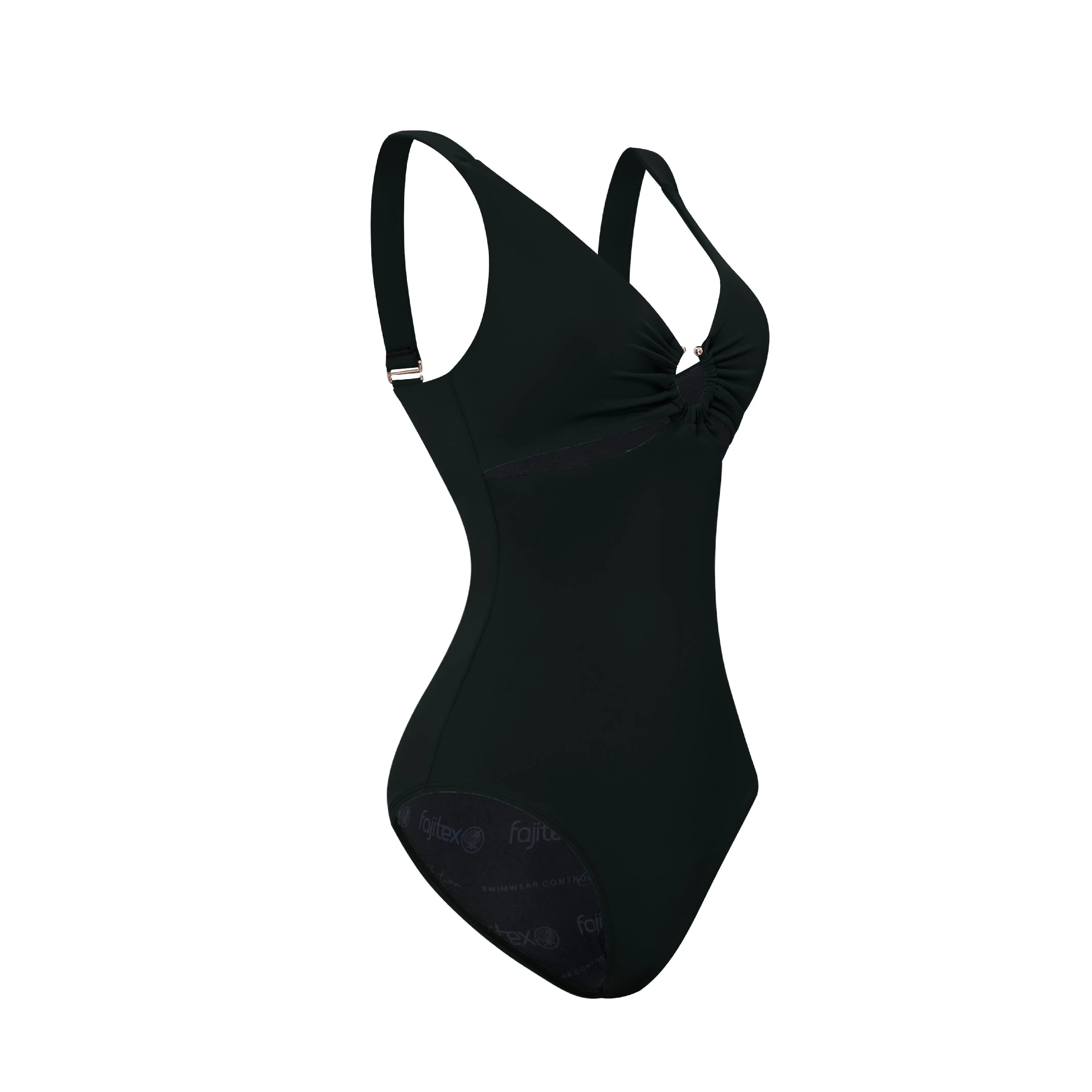 One-piece swimsuit with ironwork on neckline.