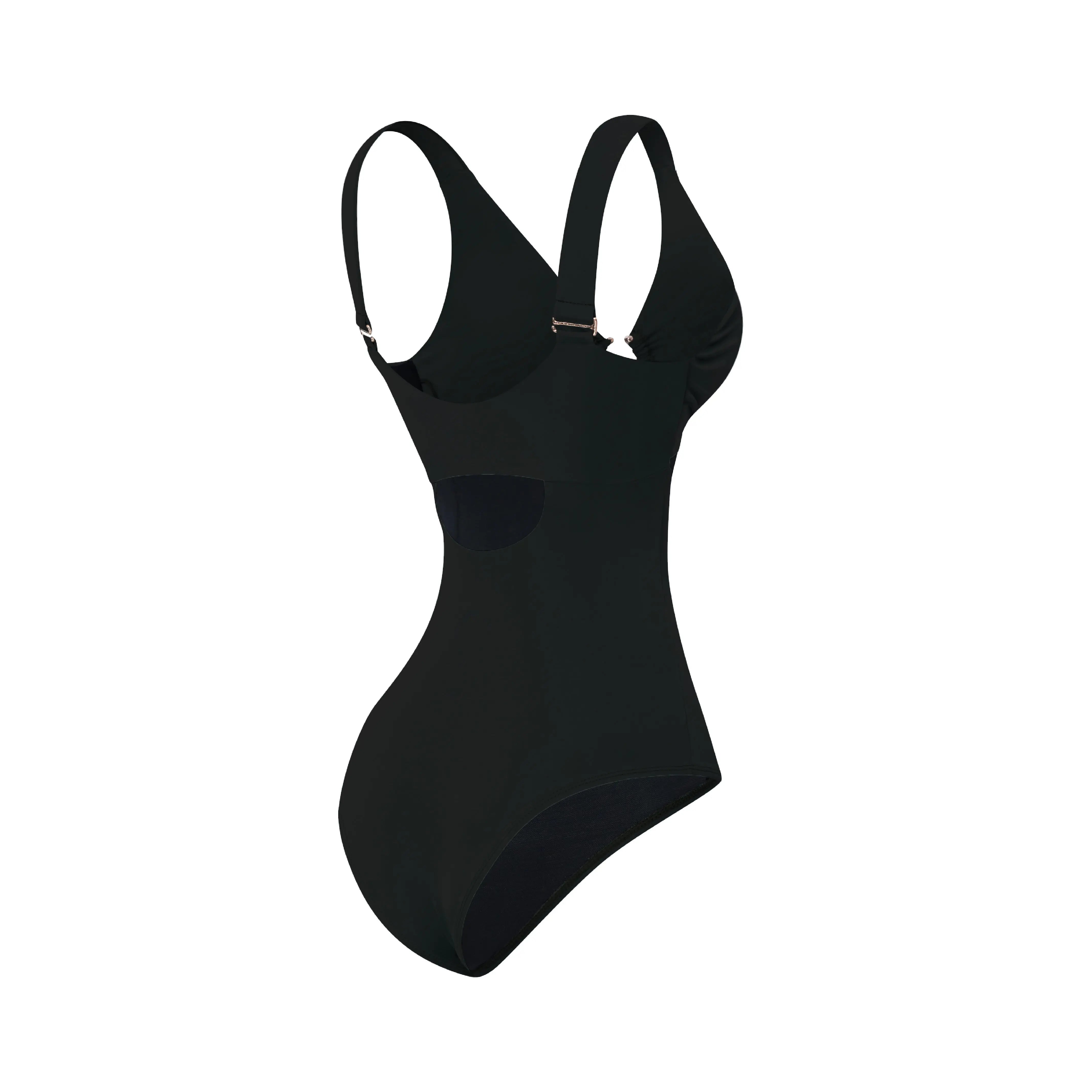 One-piece swimsuit with ironwork on neckline.