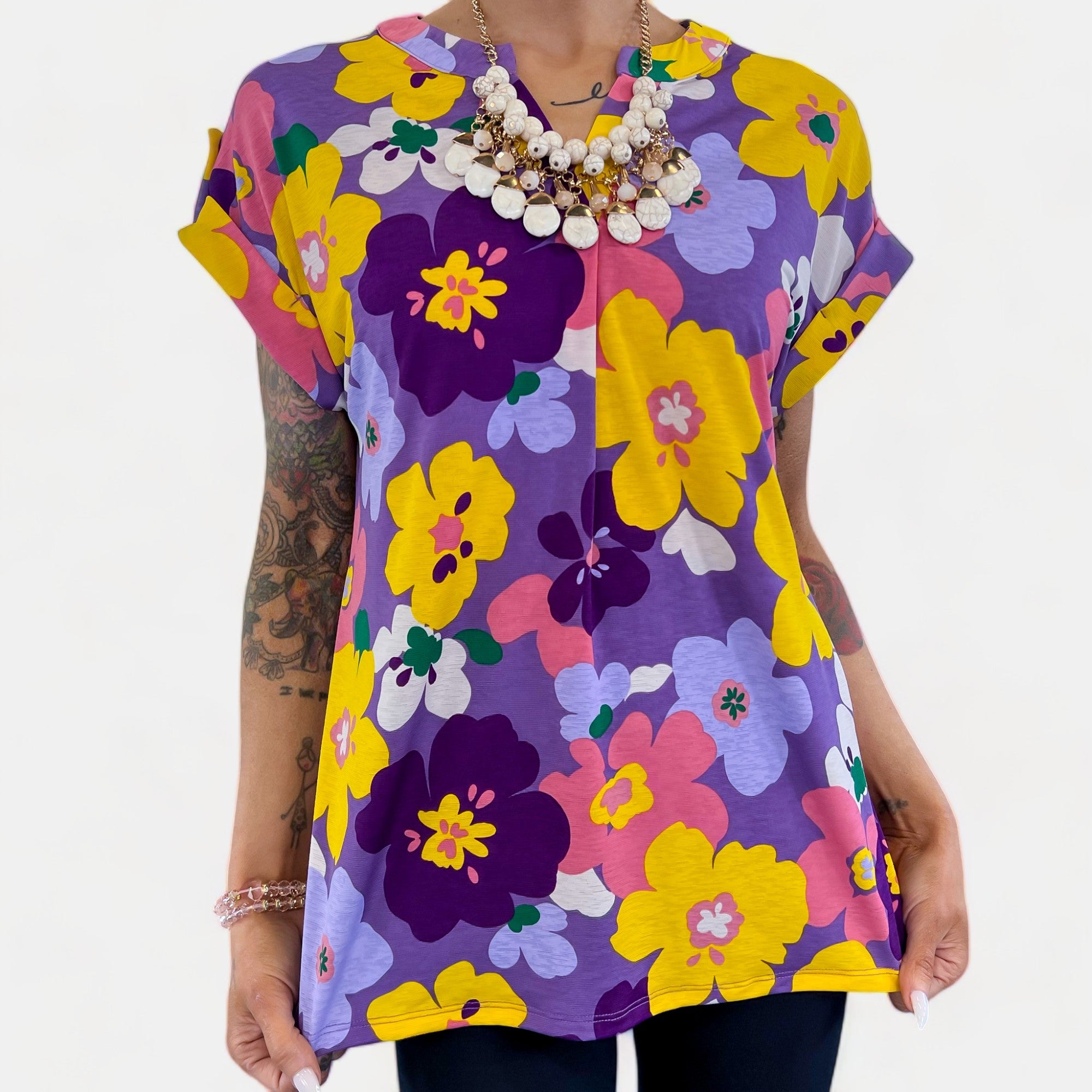 Lavender Multi Floral Lizzy Short Sleeve Top