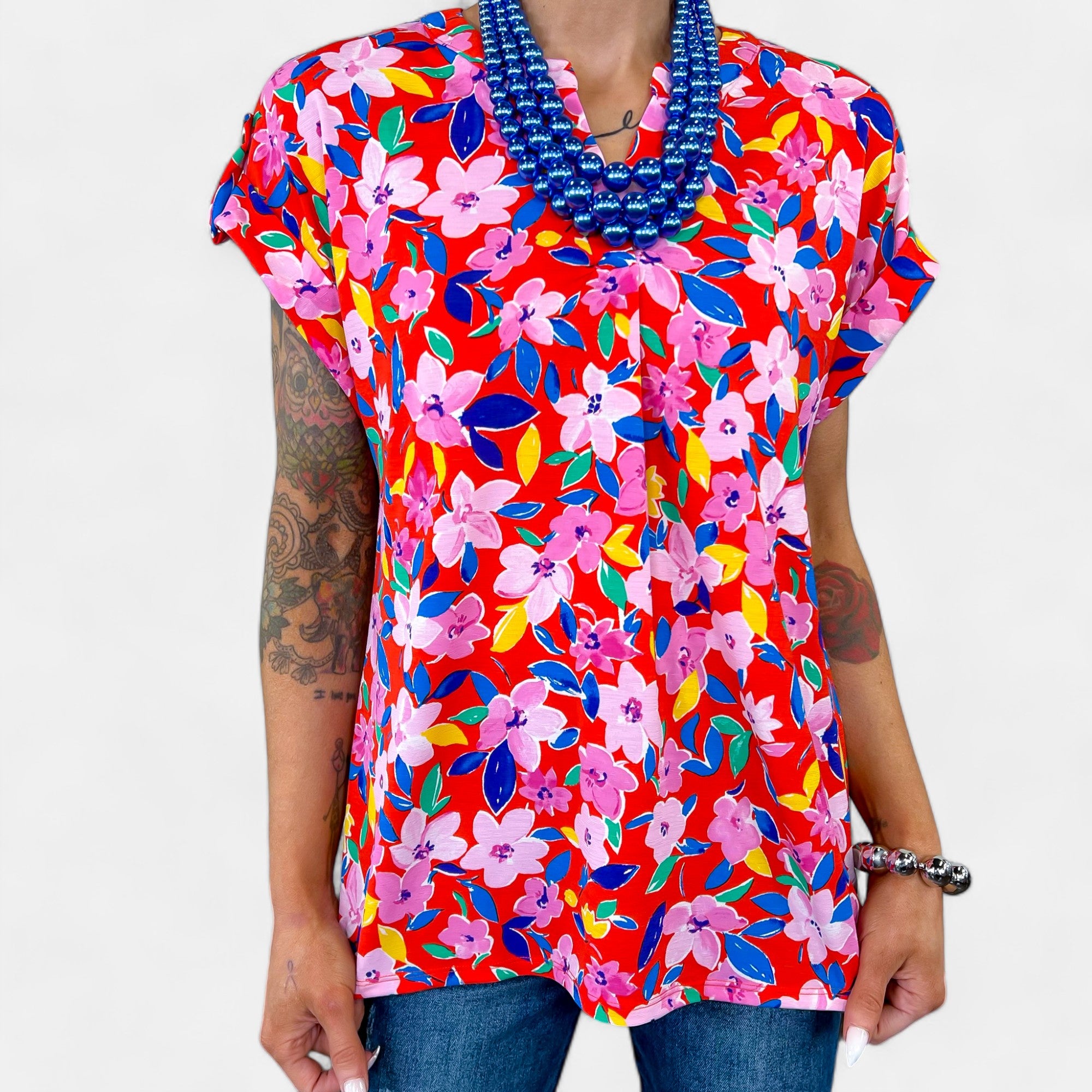 Red Multi Floral Lizzy Short Sleeve Top