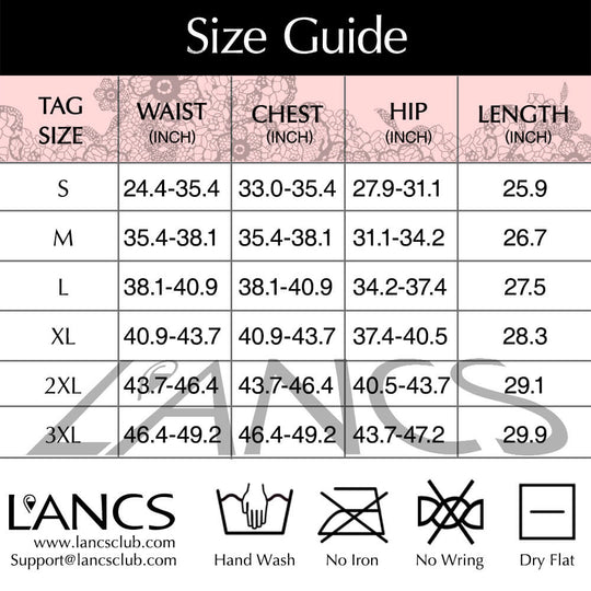 Size Chart of LANCS Bodysuit from S to 3XL