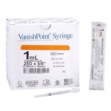 Safety Tuberculin Syringe with Needle VanishPoint? 1 mL 5/8 Inch 25 Gauge Retractable Safety Needle Regular Wall