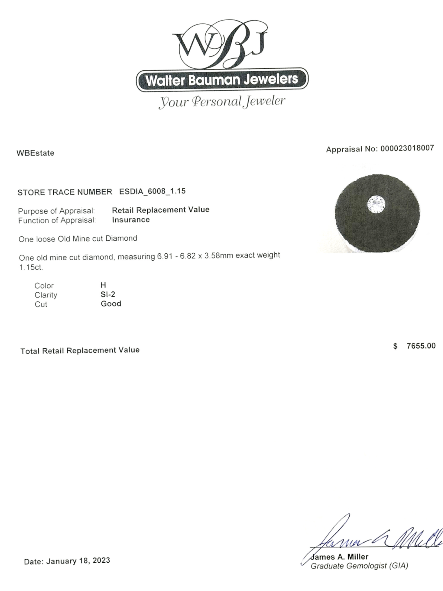 Estate 1.15ct H/SI2 OMC Loose Diamond