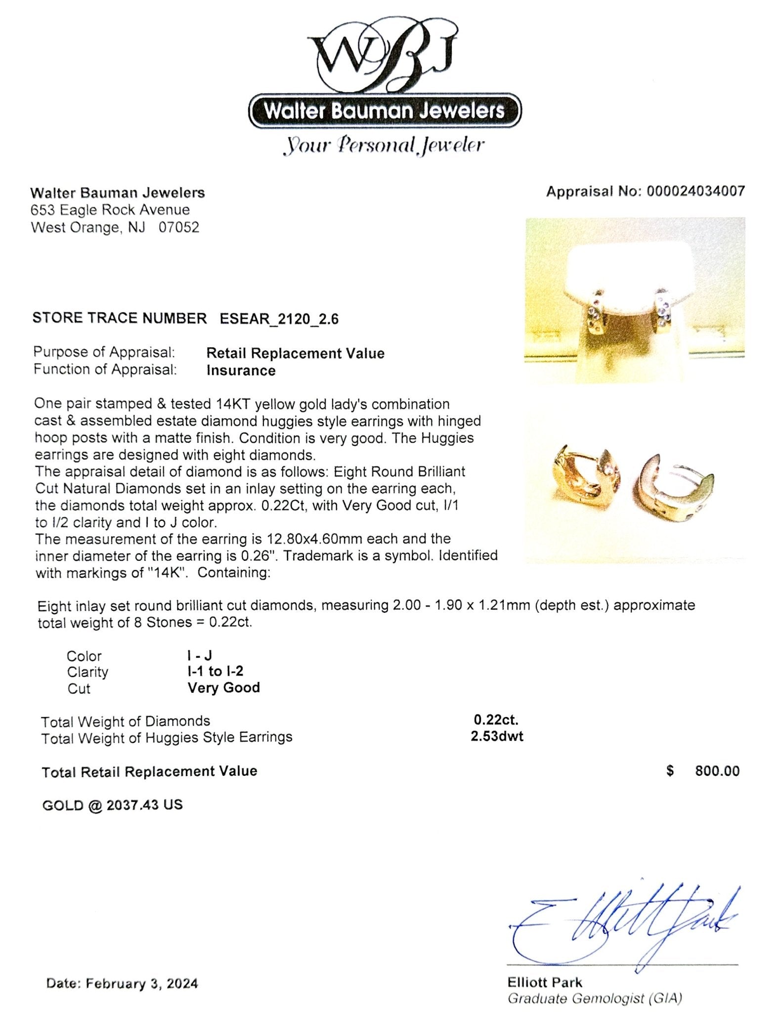 Estate 14K Y Gold 0.22ctw I-J/I1-2 Diamond Huggie Earrings