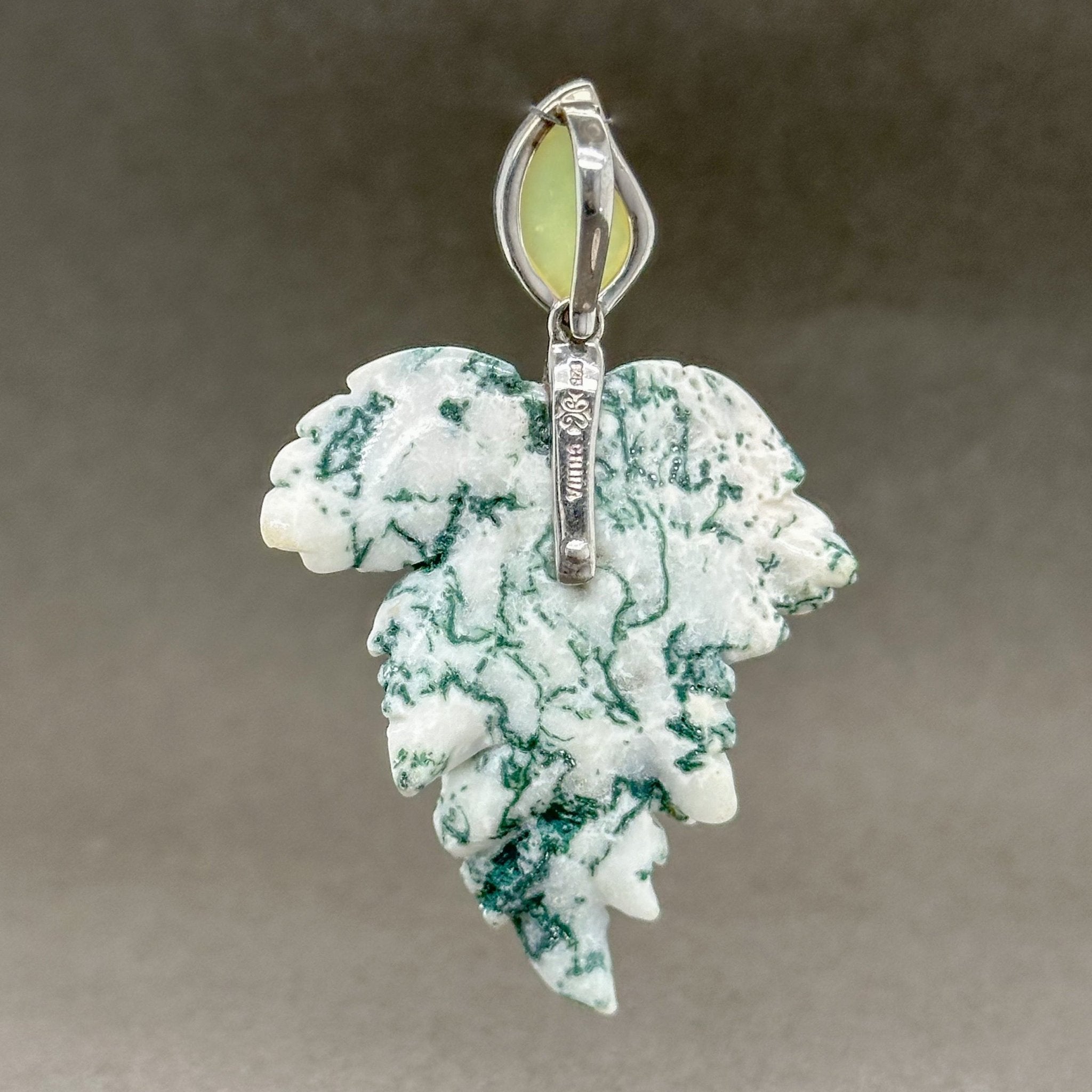 Estate SS Judy Crowell Carved Moss Agate Leaf Pendant B