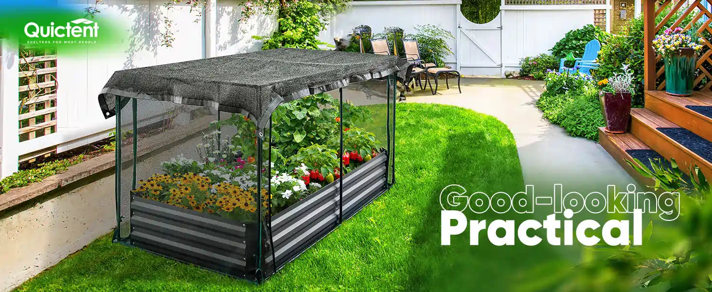 Quictent Galvanized Raised Garden Bed with Crop Cage Plant Protection Net Tent