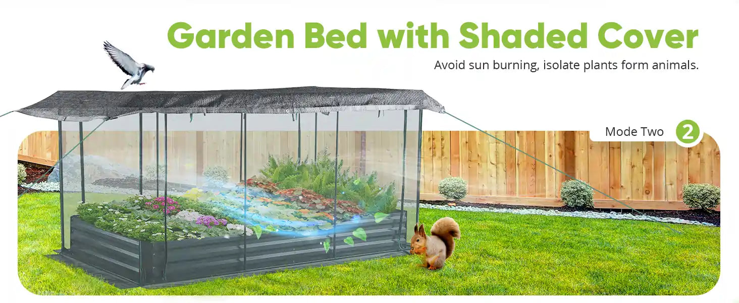 Garden Bed with Shaded Cover Avoid sun burning, isolate plants from animals.