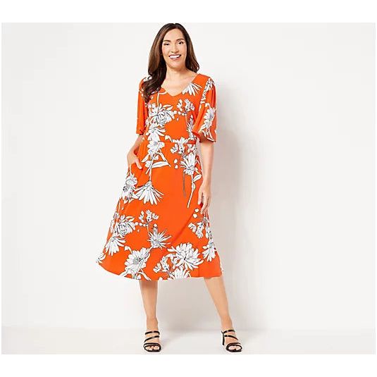 Girl With Curves Knit Midi Dress w/Flutter Sleeve (TangerineFloral, XS) A504598