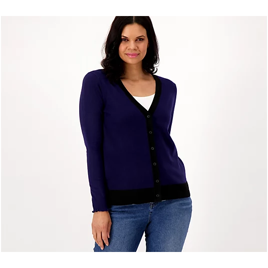 Candace Cameron Bure Surfside Button V-Neck Cardigan Navy/Washed Blk, XS A516600
