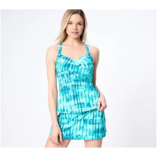 Denim & Co. Beach Twist Front Printed Tankini w/Skirt (Aqua Shibori, 12) A591527