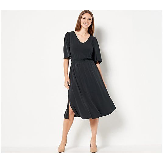 Girl With Curves Petite Knit Midi Dress with Flutter Sleeve (Black, 1XP) A504599