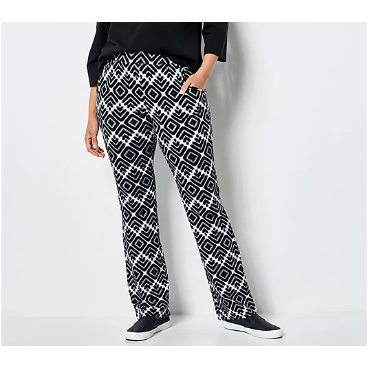 Denim & Co. Regular Printed Jersey Slim Straight Leg Pant (Black, XL) A475768